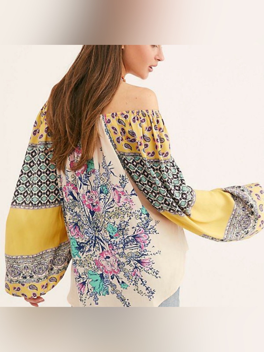 Free People Positano Printed Blouse Sz XS Peach Floral Off Shoulder Boho Y2K - Picture 3 of 15